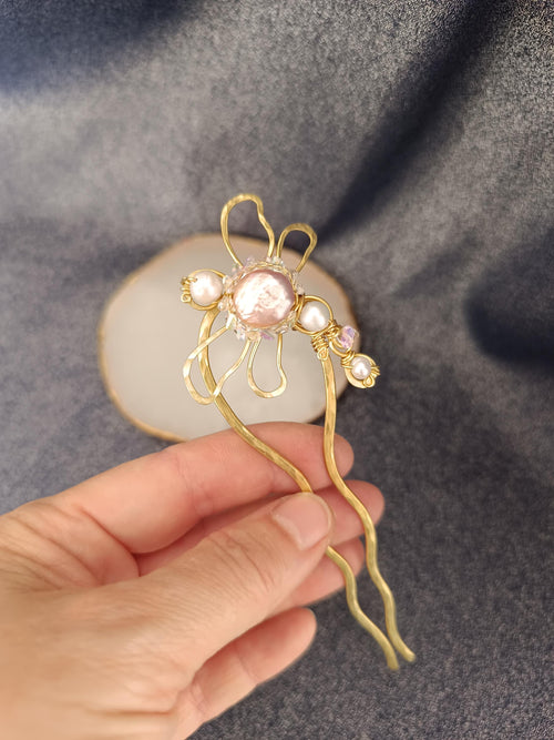 Brass Dragonfly Hair Fork with Pearls and Crystals