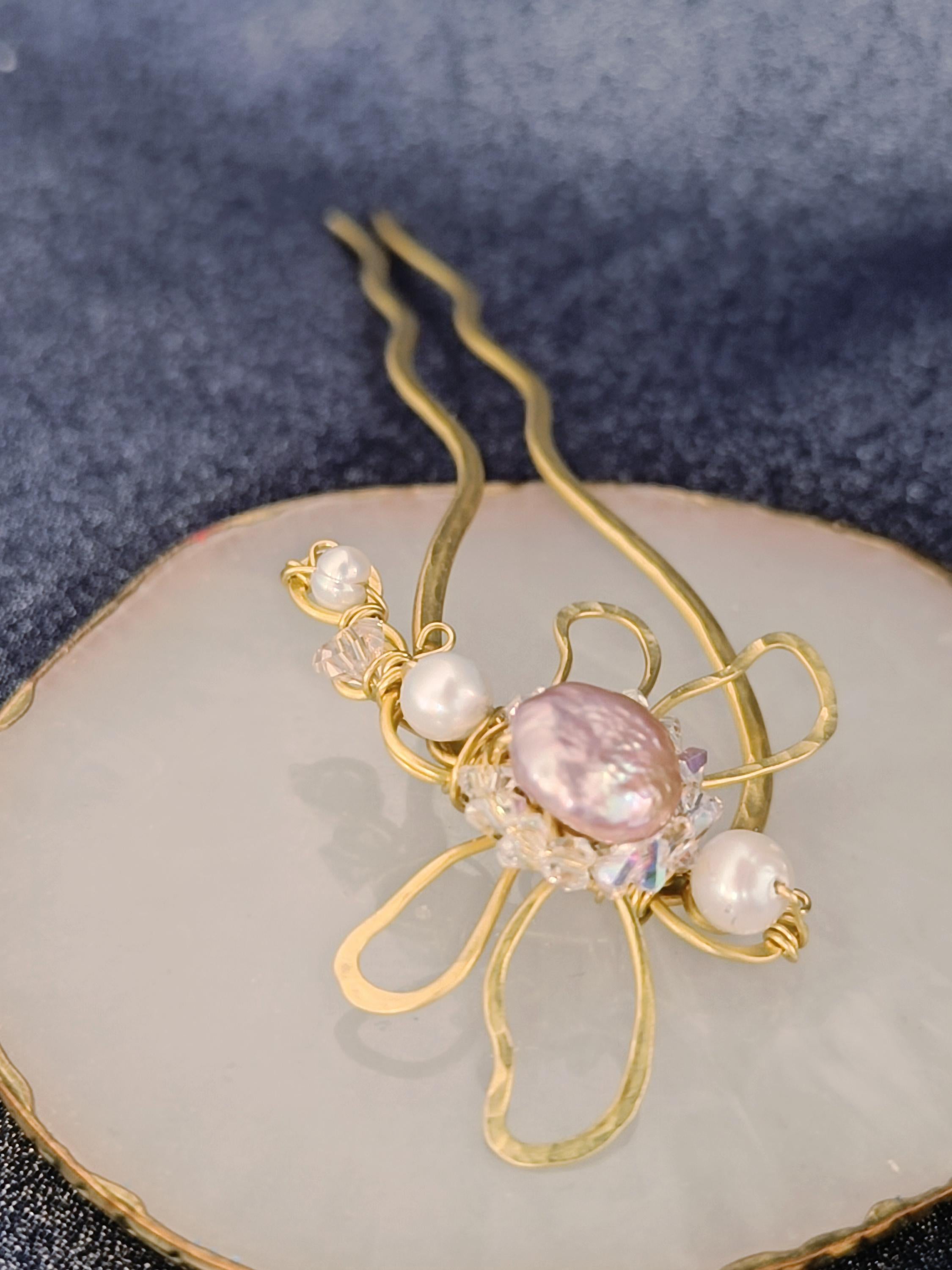 Brass Dragonfly Hair Fork with Pearls and Crystals