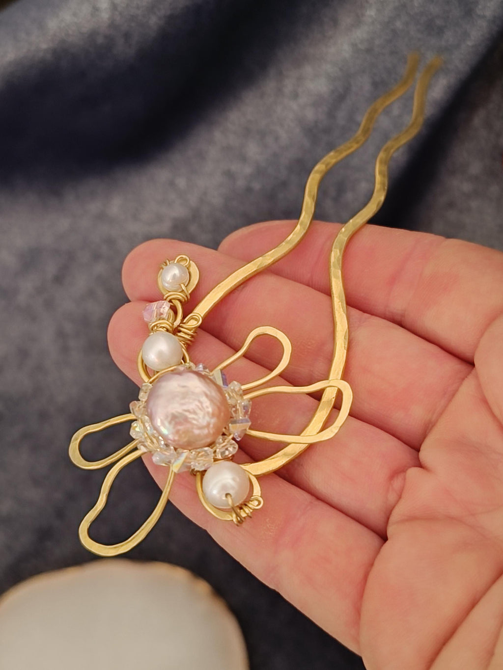Brass Dragonfly Hair Fork with Pearls and Crystals