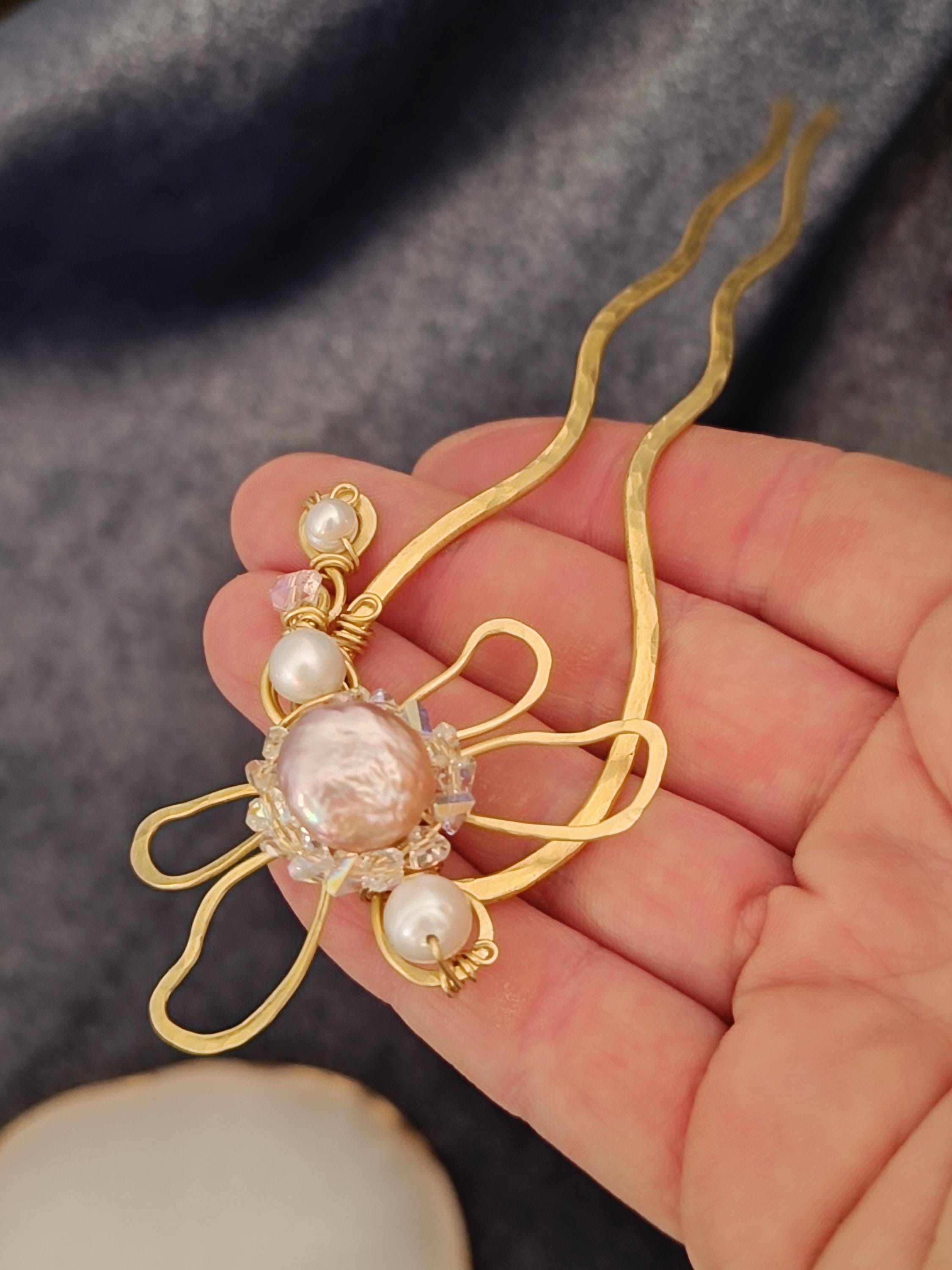 Brass Dragonfly Hair Fork with Pearls and Crystals