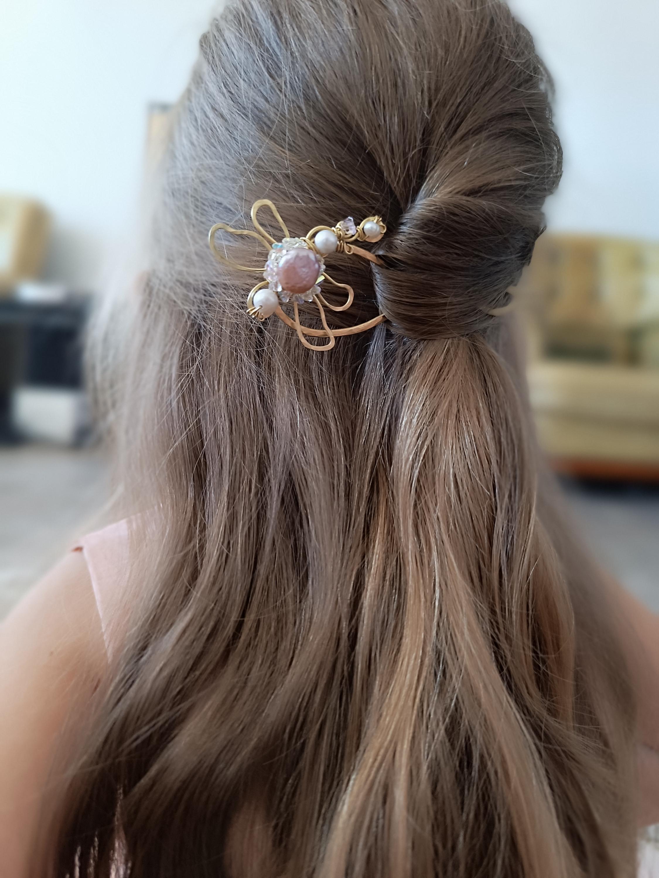 Brass Dragonfly Hair Fork with Pearls and Crystals