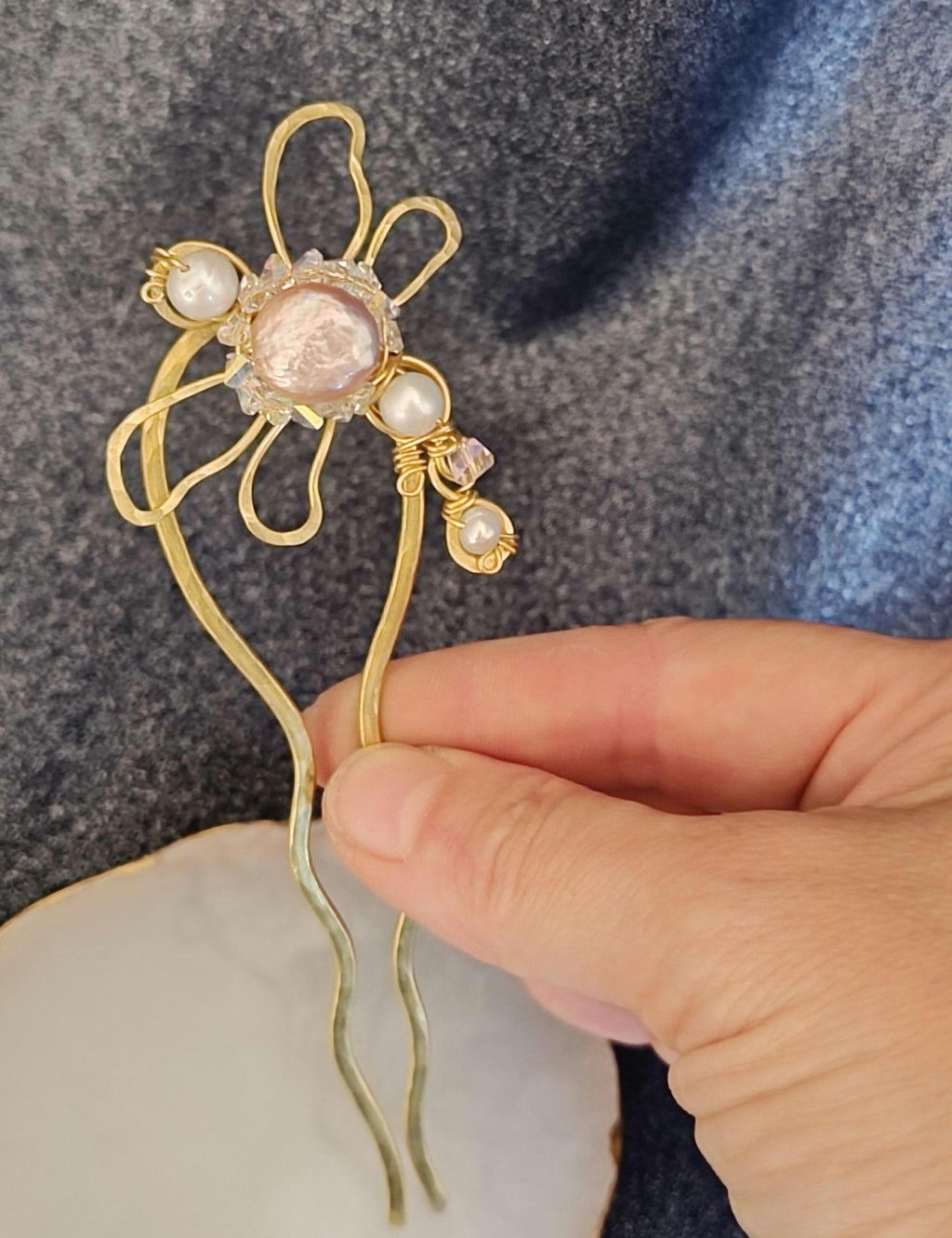 Brass Dragonfly Hair Fork with Pearls and Crystals