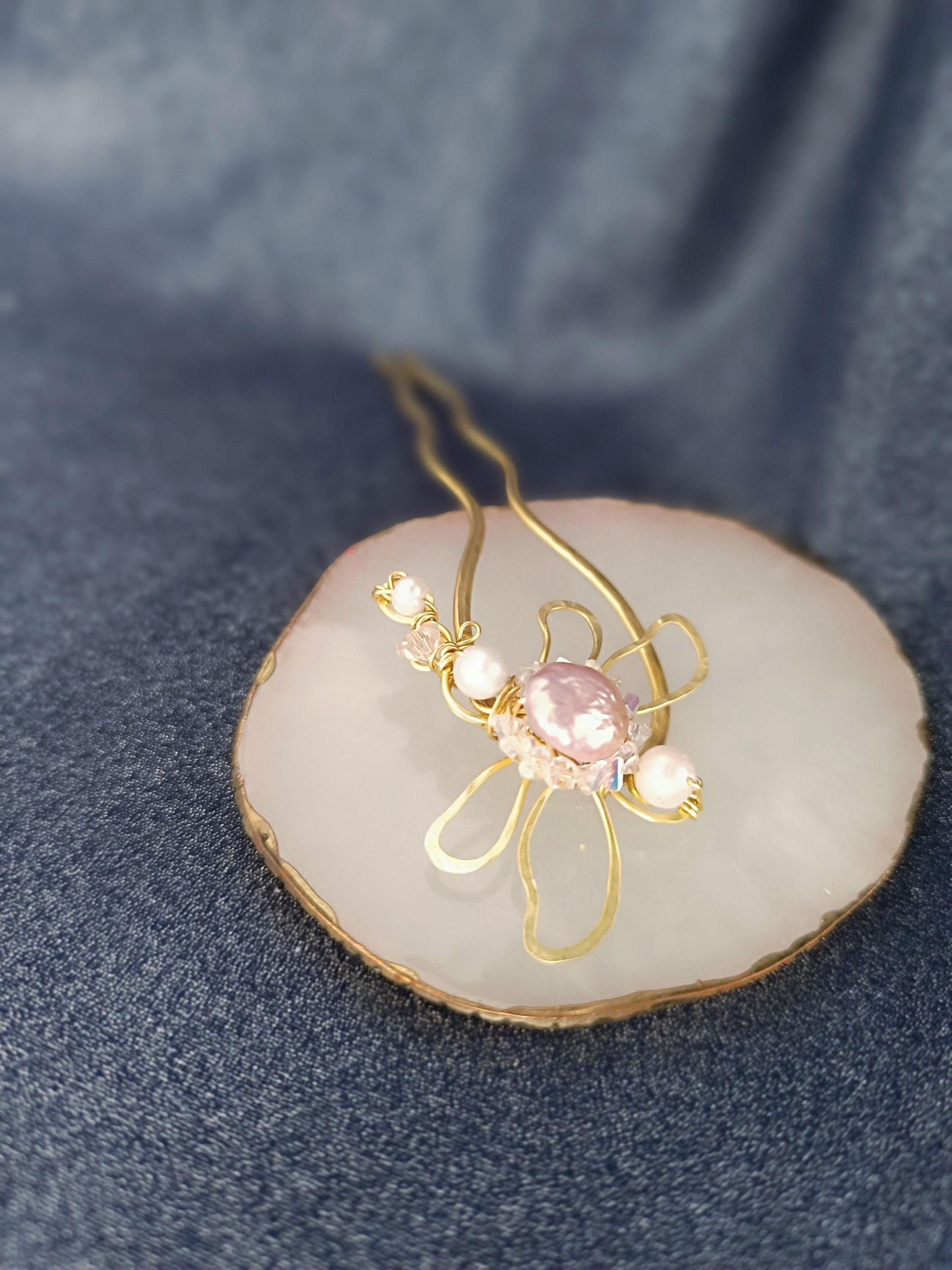 Brass Dragonfly Hair Fork with Pearls and Crystals