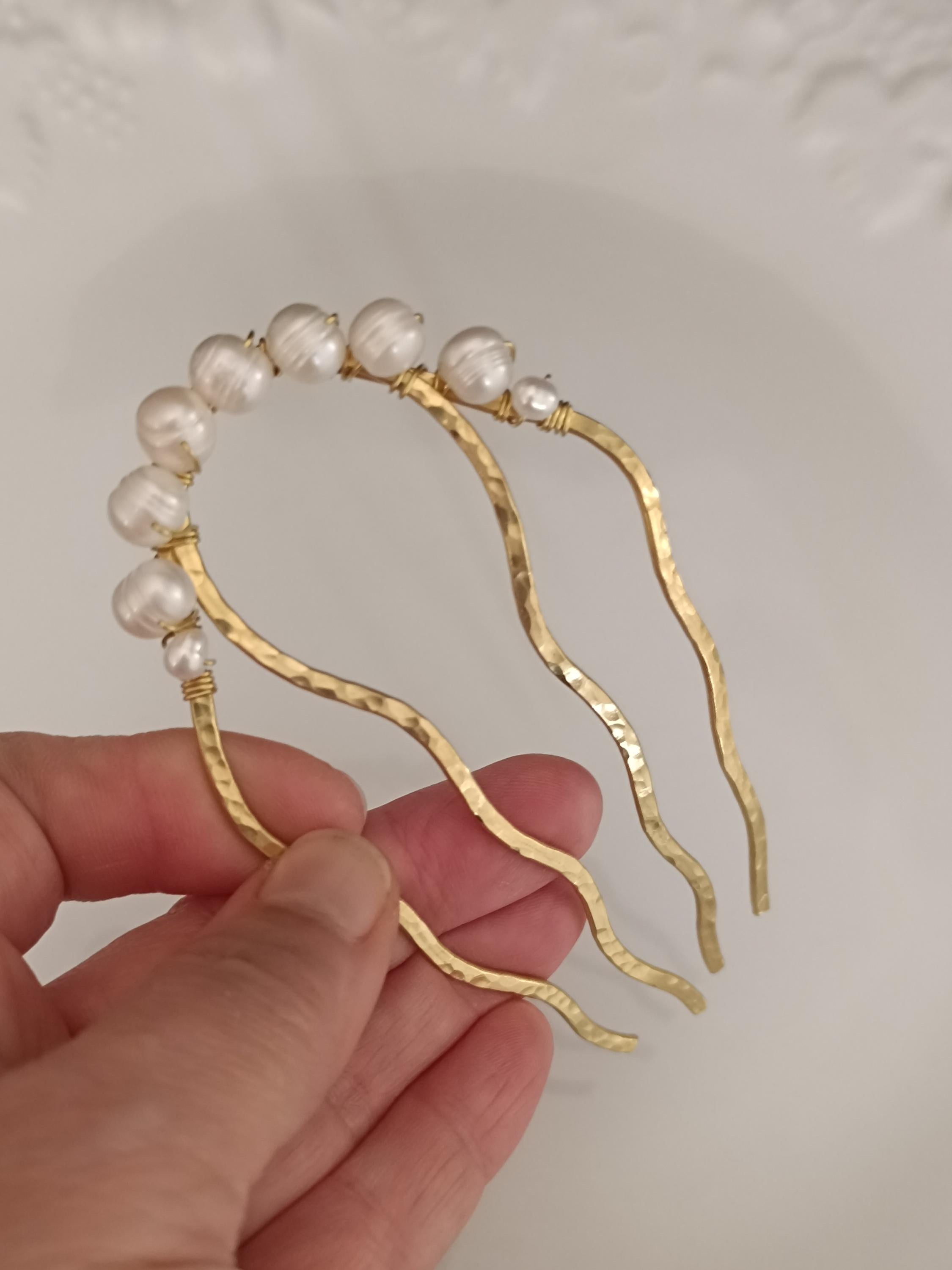 Hand-forged brass and freshwater pearl hair comb