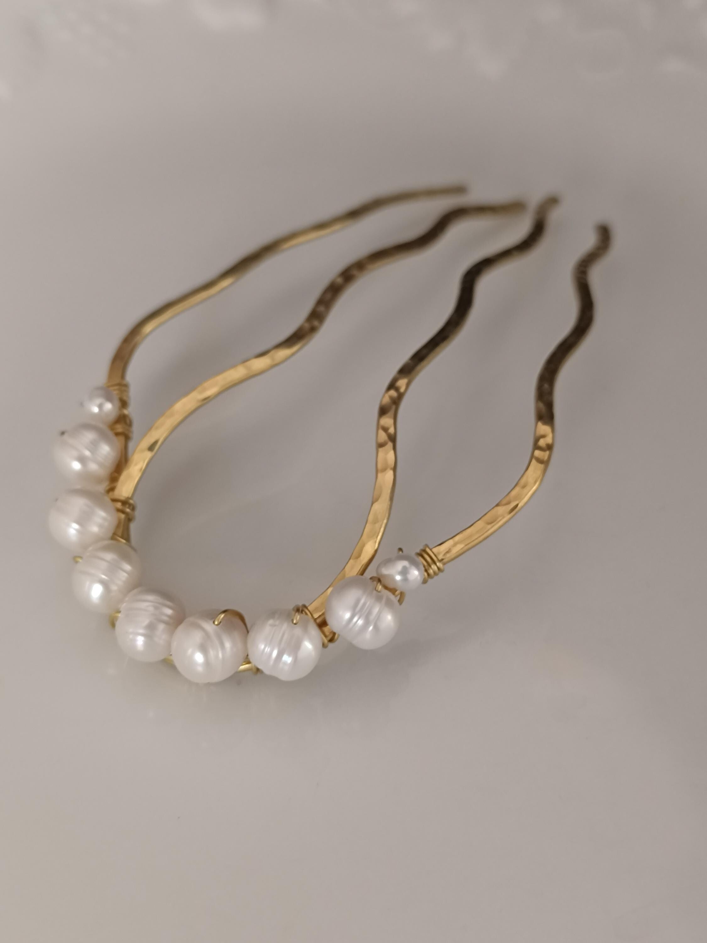 Hand-forged brass and freshwater pearl hair comb