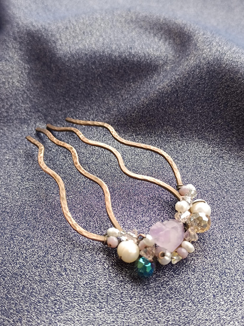 Hand-forged copper hair comb with amethyst, pearls and crystals