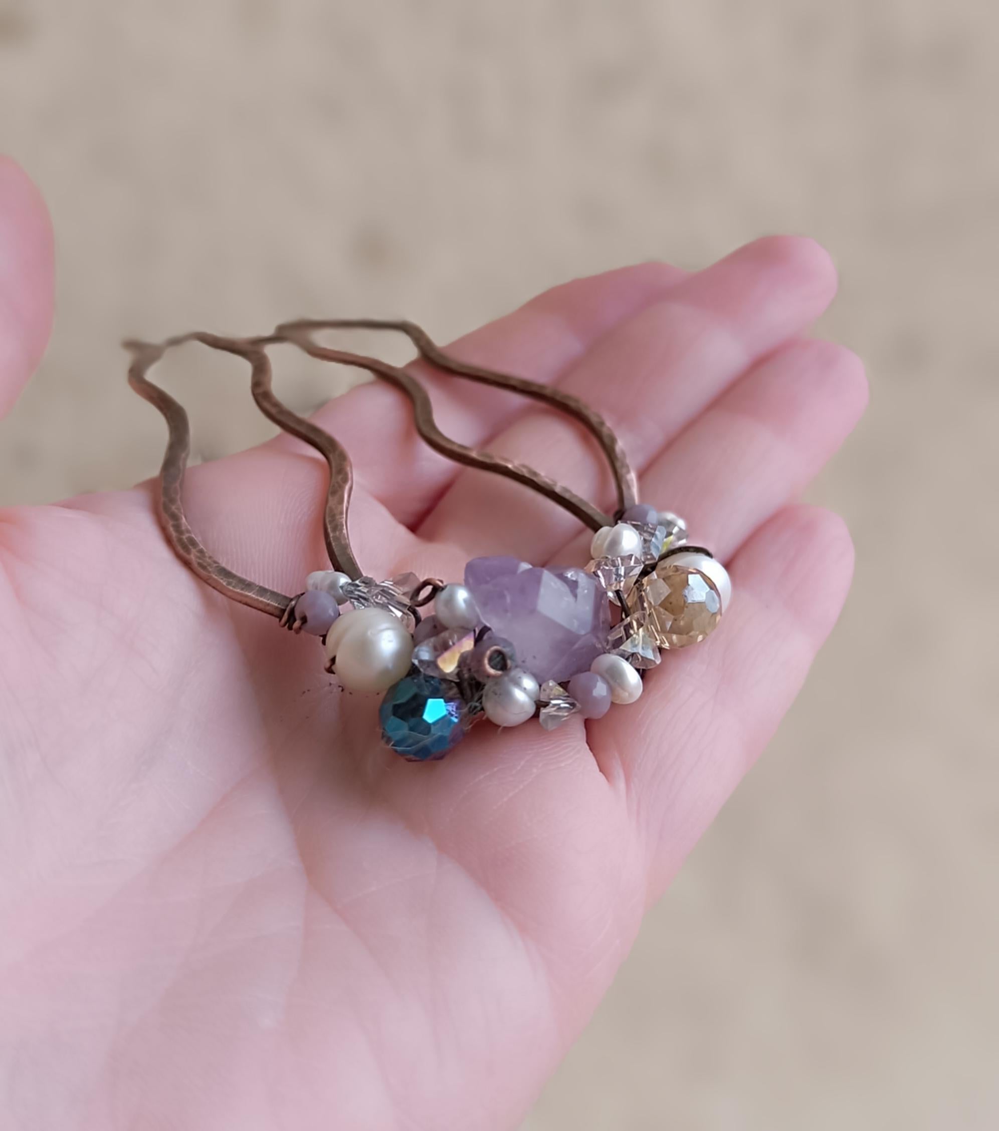 Hand-forged copper hair comb with amethyst, pearls and crystals