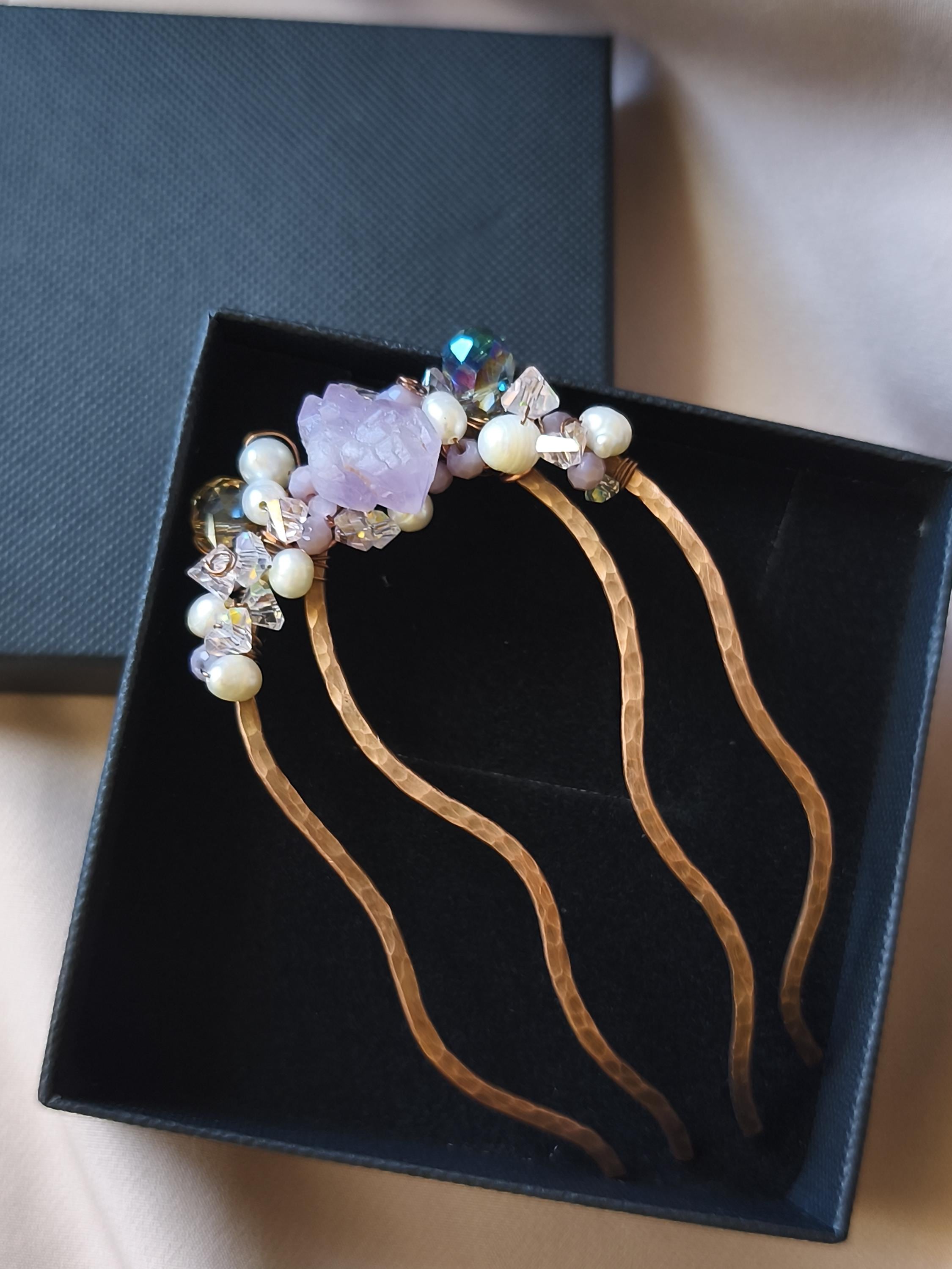 Hand-forged copper hair comb with amethyst, pearls and crystals