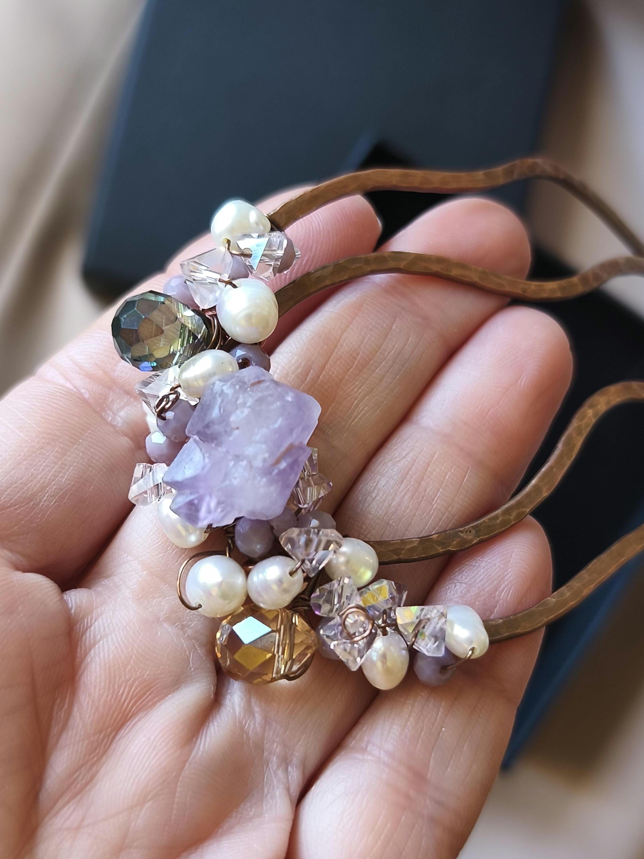 Hand-forged copper hair comb with amethyst, pearls and crystals