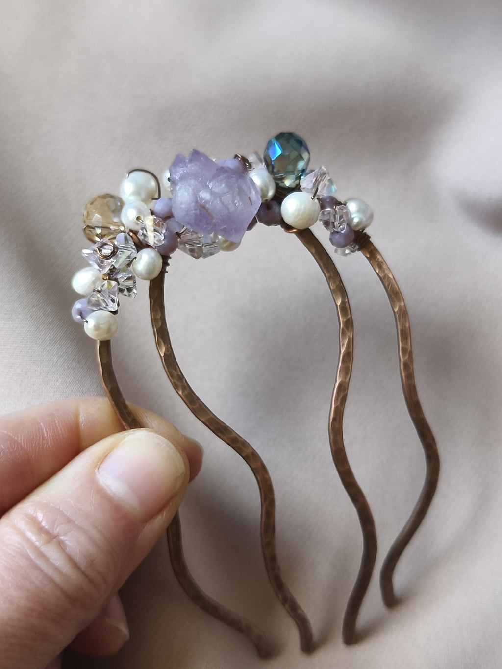 Hand-forged copper hair comb with amethyst, pearls and crystals