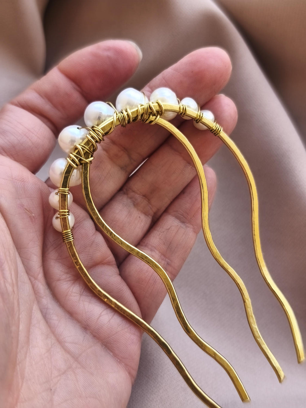 Hand-forged brass and freshwater pearl hair comb
