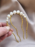 Hand-forged brass and freshwater pearl hair comb