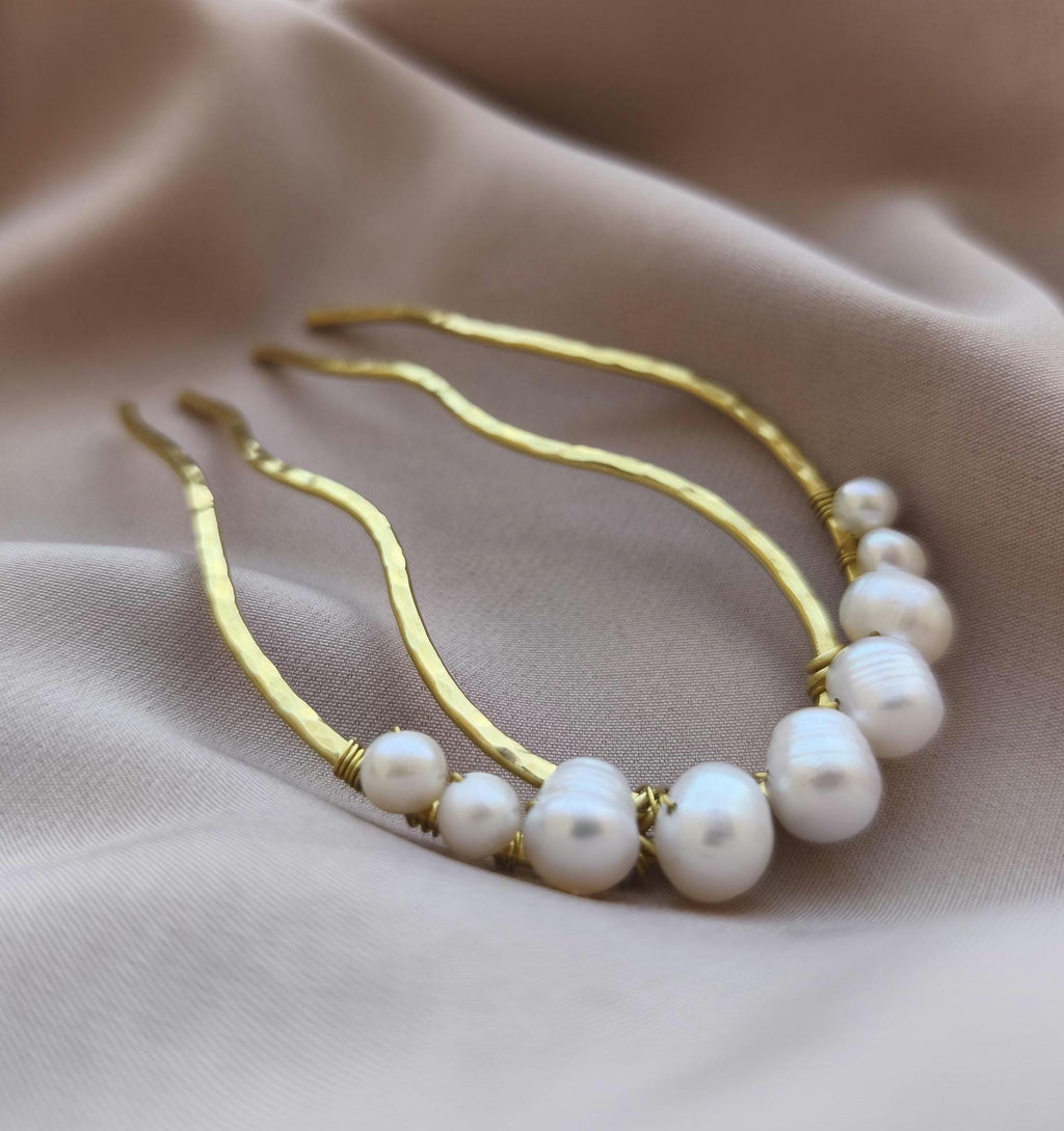 Hand-forged brass and freshwater pearl hair comb